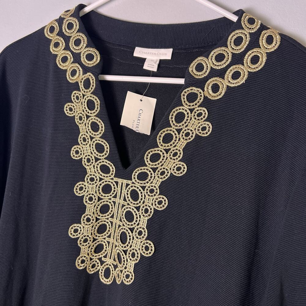 NWT Charter Club Women's Black Gold Embroidered Ribbed Pullover Tunic Plus Sz 3X - Picture 3 of 11